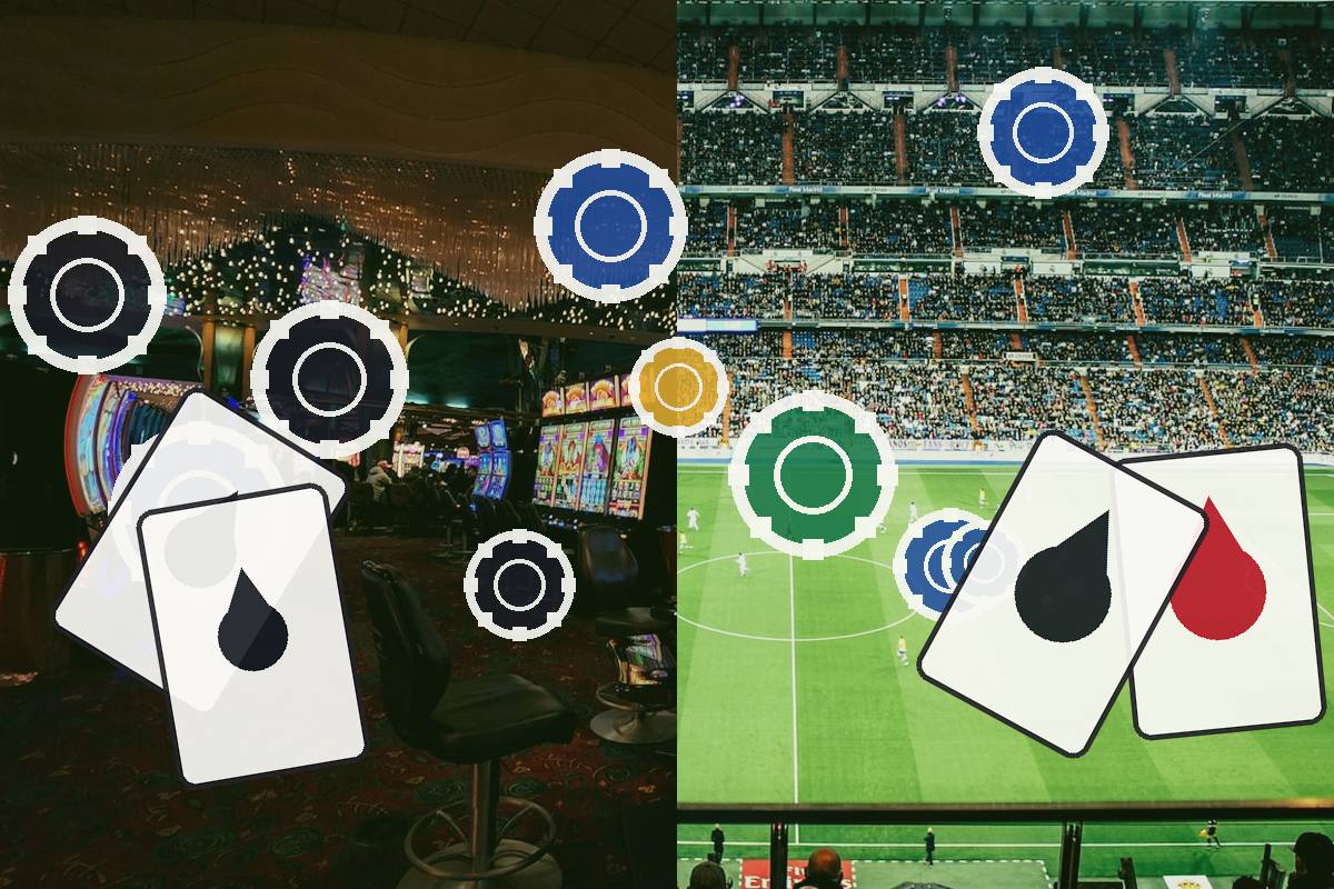 Collage showing a casino interior on the left and a crowded football stadium on the right, overlaid with card and betting icons.