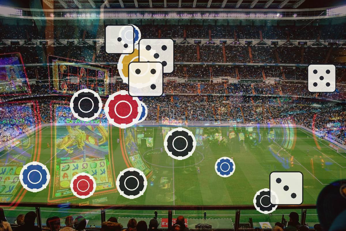 Stadium filled with spectators, overlaid with dice and poker chips to symbolize betting on sports events.