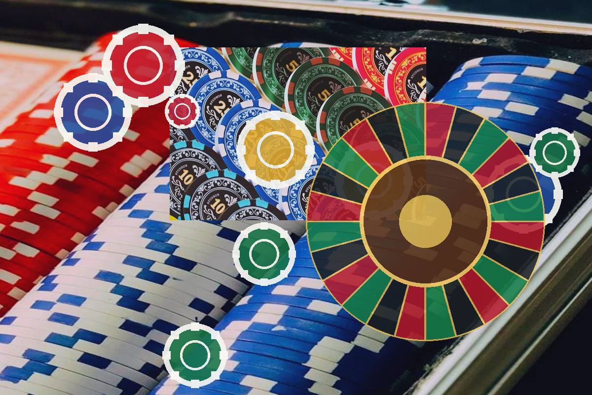 Pile of bright poker chips and a large roulette wheel, illustrating casino gambling.