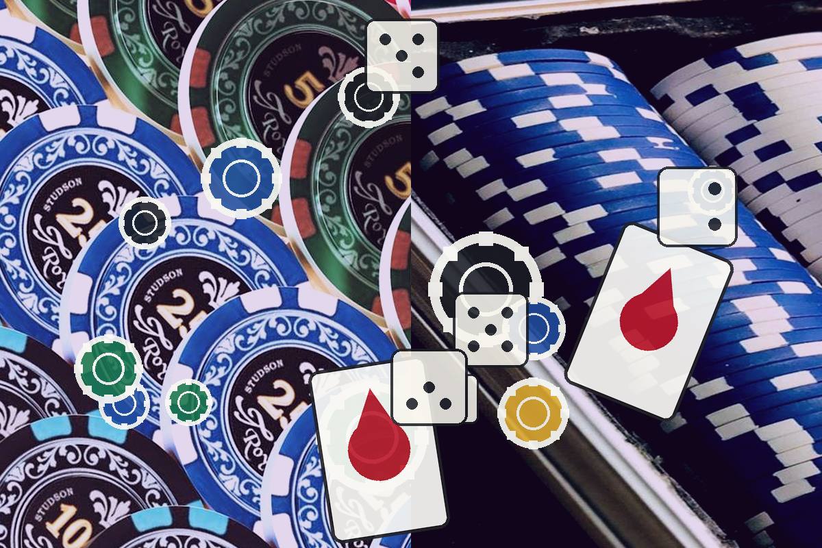 Close-up of casino chips with overlapping playing cards and dice icons, suggesting gambling theme.