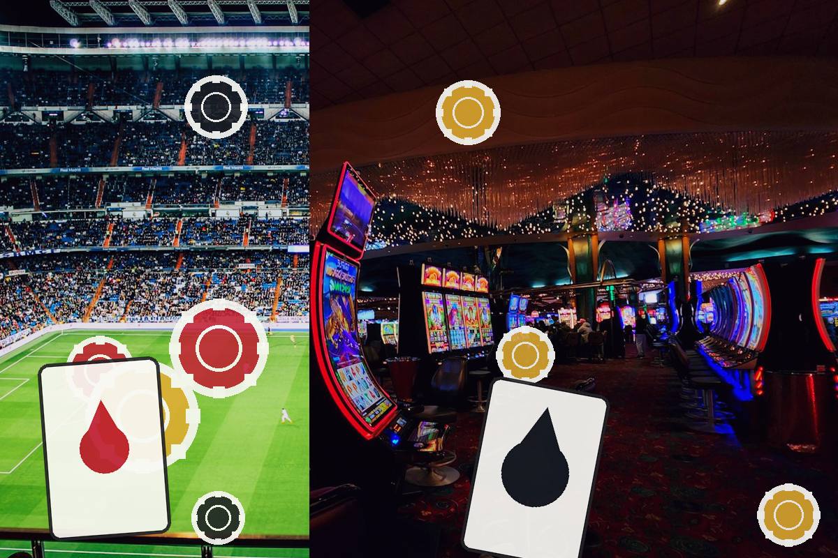 Split image: left half a soccer stadium with a large card showing a red drop; right half a casino floor with slot machines and a card showing a black drop.