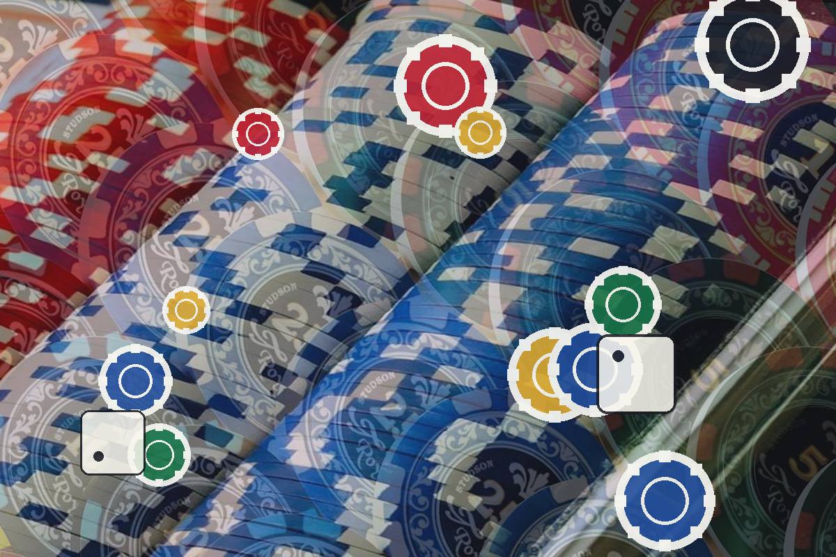 Pile of colorful poker chips in red, blue, and green with white-outlined circular badges overlaid on top edge.