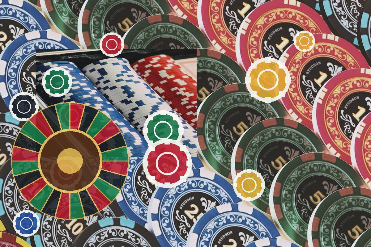 Casino scene with colorful poker chips and a roulette wheel centerpiece, suggesting gambling or betting activity