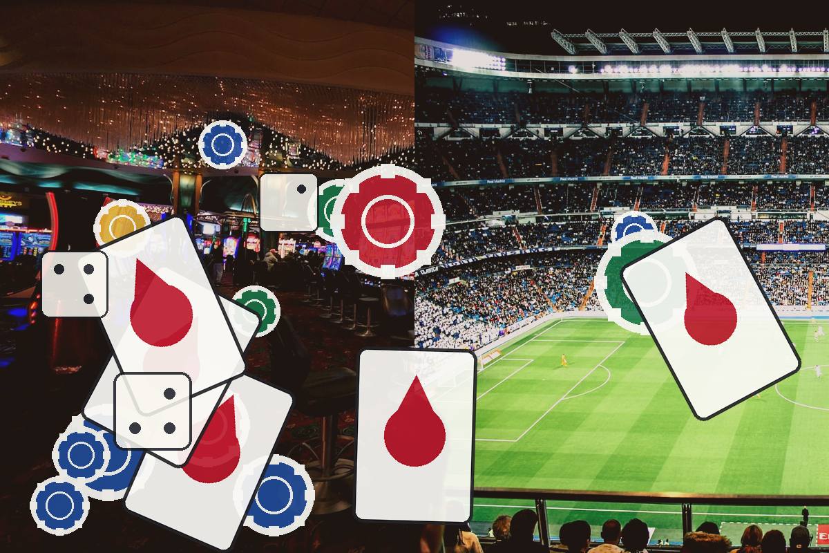 Split image showing a casino interior on the left and a packed football stadium on the right, overlaid with large playing cards and dice featuring red blood-drop icons.