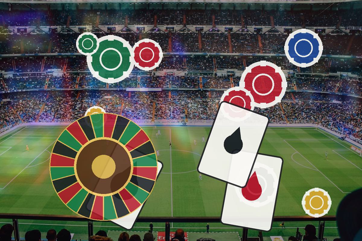 Casino-themed overlay on a football stadium: roulette wheel, playing cards, and poker chips floating above the pitch.